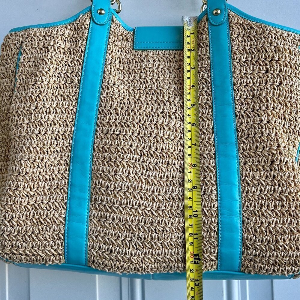 Talbots Large Woven Paper Straw Tote Bag Turquoise Blue Leather Trim Gold - Picture 12 of 12